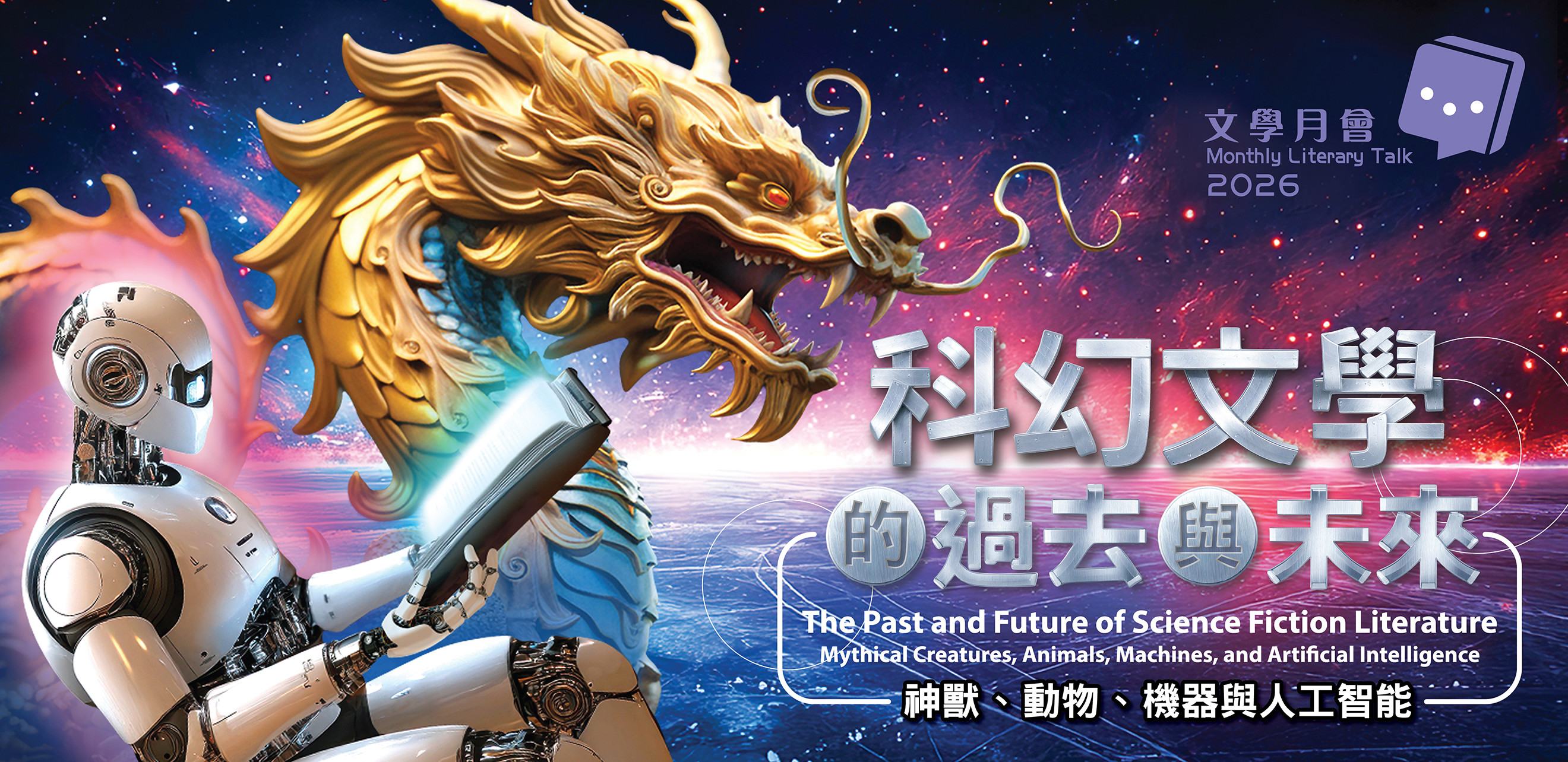 科幻文學的過去與未來宣傳海報，金色中國龍與人形機械人配以紫色宇宙背景，探討神獸、動物、機器與人工智能主題。